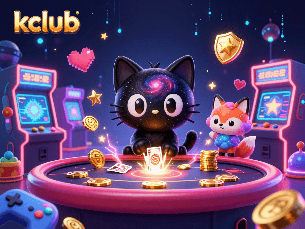 Kclub's vibrant cosmic casino scene showcasing a black hole cat and nebula fox amidst game machines and glowing elements.