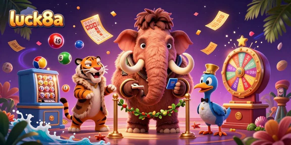 Engage in luck8a's vibrant casino atmosphere featuring animated characters and lively game elements.