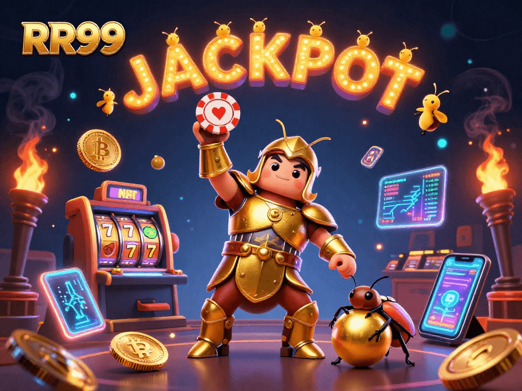 Engage with RR99’s thrilling casino atmosphere showcasing a heroic beetle lifting a poker chip amid vibrant game elements.