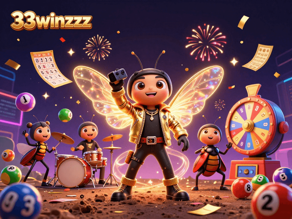 Engage in the vibrant world of 33winzzzz, where a rock star cicada leads a dynamic gaming celebration.