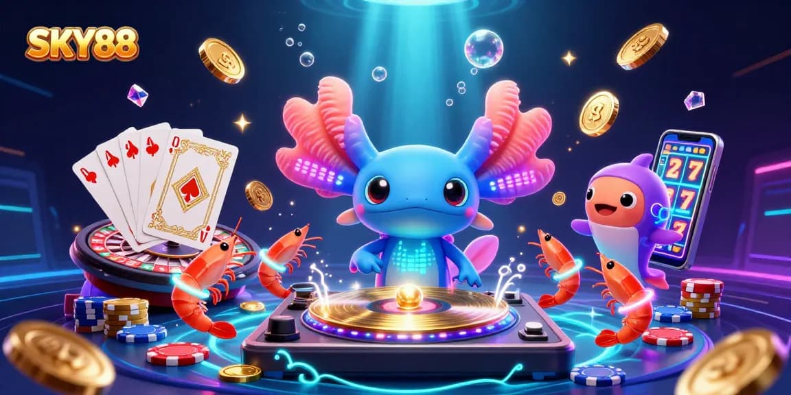 Experience the thrill of SKY88 with vibrant 3D illustration featuring a DJ axolotl and glowing casino elements.