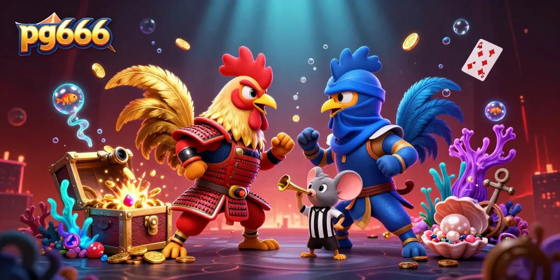 Experience excitement with pg666 and dynamic cartoon roosters battling, surrounded by colorful gaming treasures.