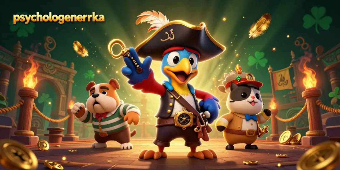Spin and win at psychologeneureka with a pirate captain, bulldog, and navigator in an exciting casino scene.