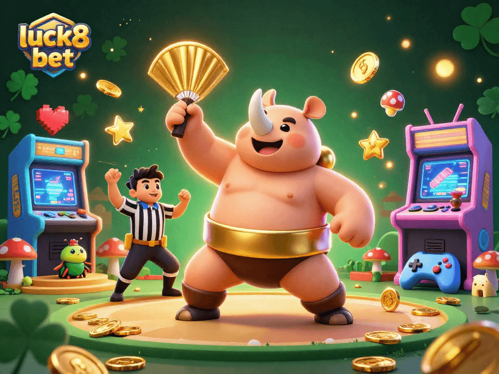 Experience luck8 bet with this vibrant scene featuring a beetle sumo champion amidst golden coins and gaming excitement.