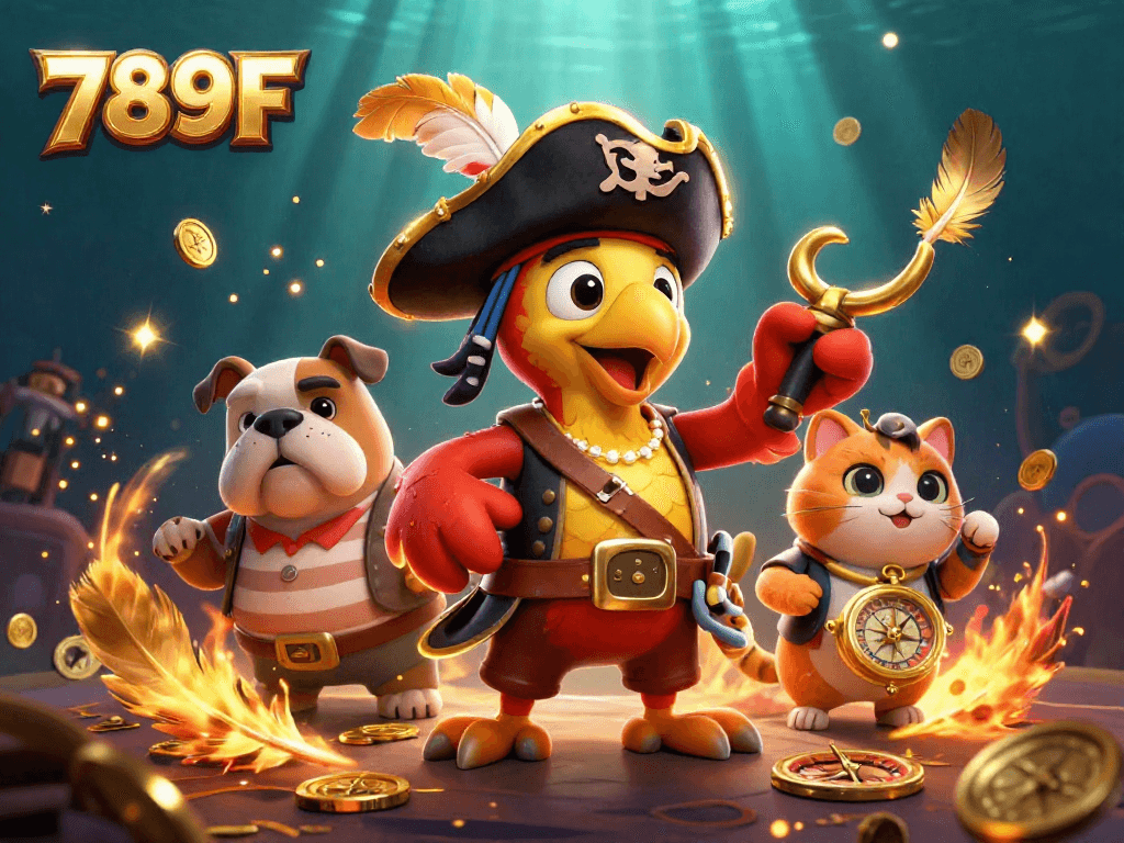 Engage with 789F's exciting gaming scene featuring a pirate captain and vibrant casino elements.