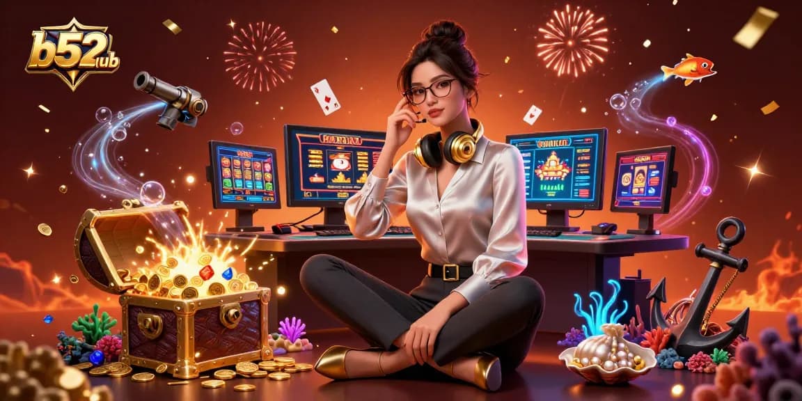 Win big with b52club at a exciting casino gaming setup filled with gold coins and vibrant visuals.