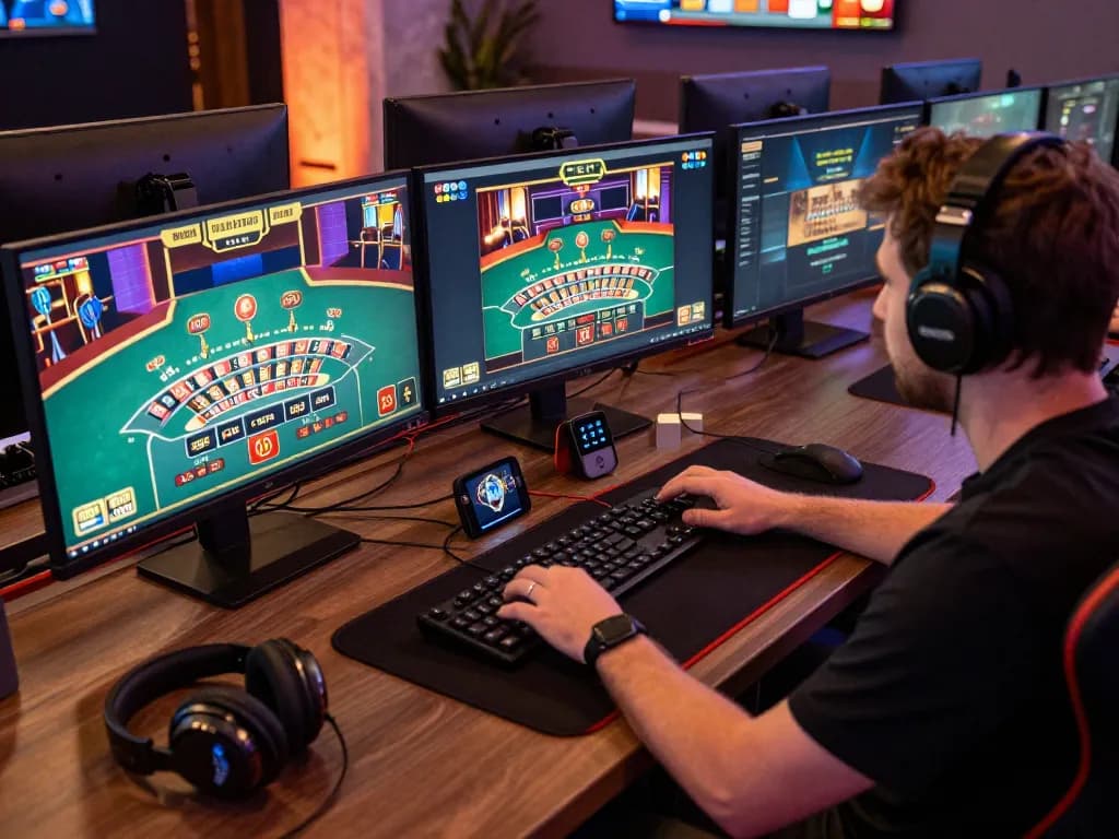Engaged player using online casino platform Nhà cái Vin88 with multiple screens showing games and strategy notes.