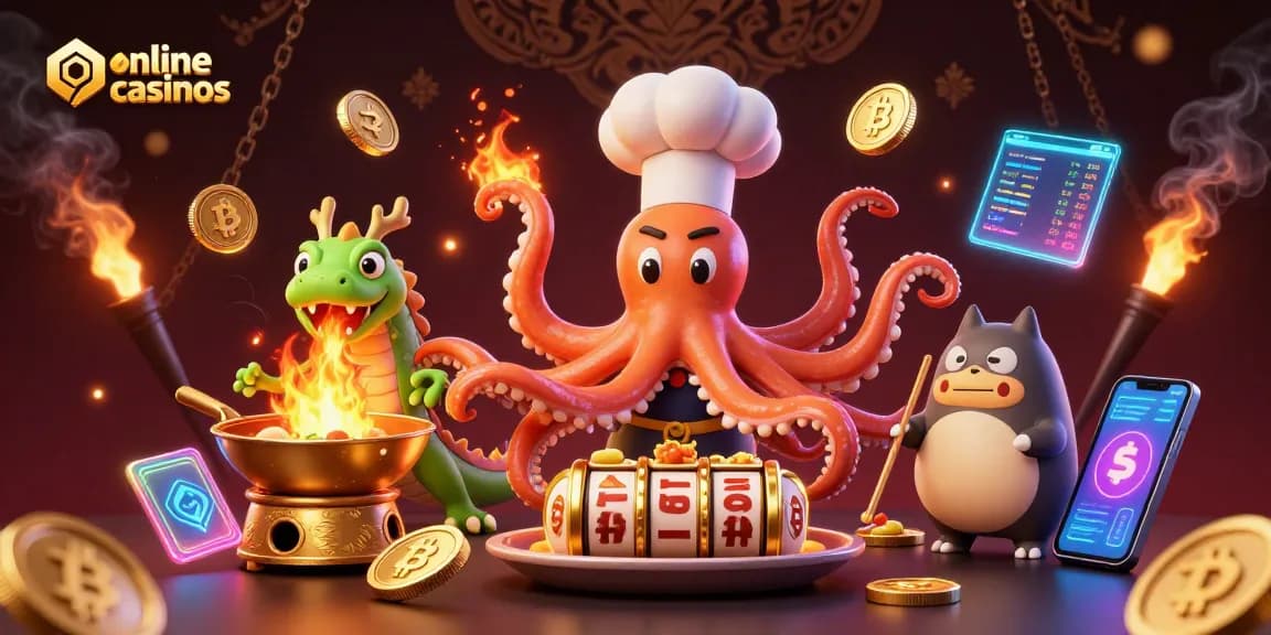 Engage in thrilling online casinos with vibrant 3D characters preparing slot dishes amid crypto assets and glowing elements.
