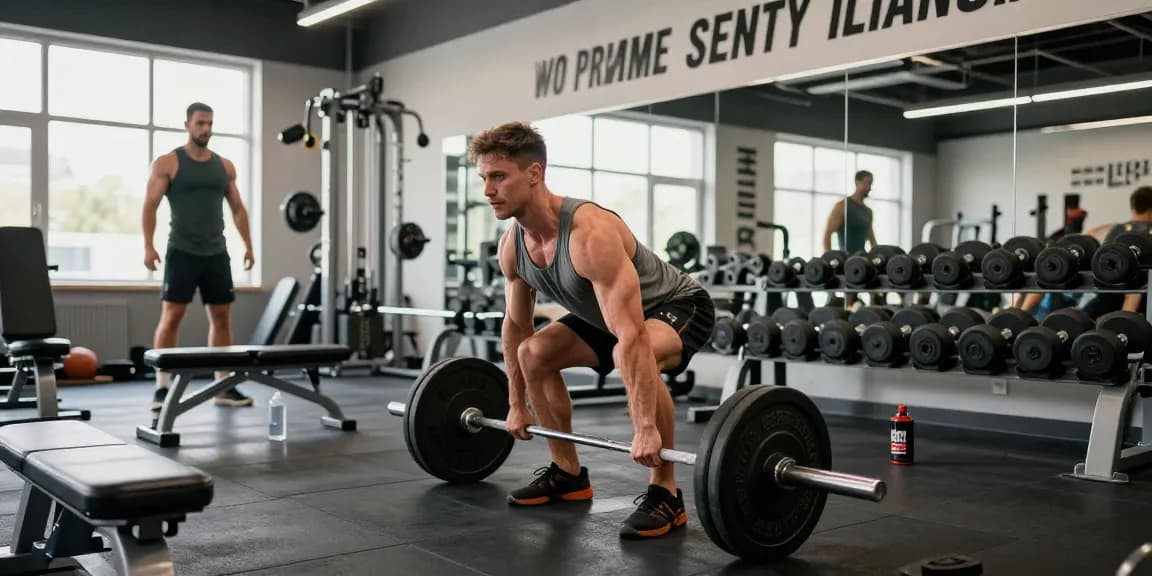 Prime Pharma Steroiden muscle training scene showcasing a bodybuilder lifting weights in a modern gym