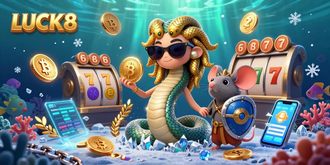 Experience the thrill of LUCK8 with a vibrant casino scene featuring Medusa and a mouse warrior.