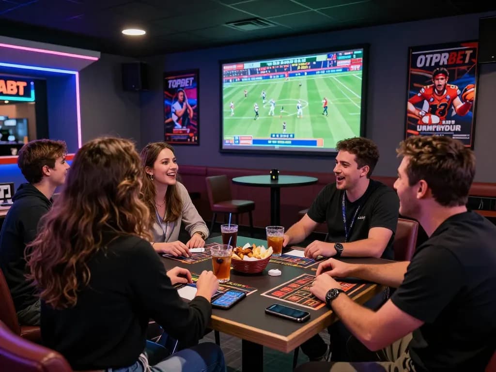 Exciting sports betting lounge with friends cheering for Topbet games.