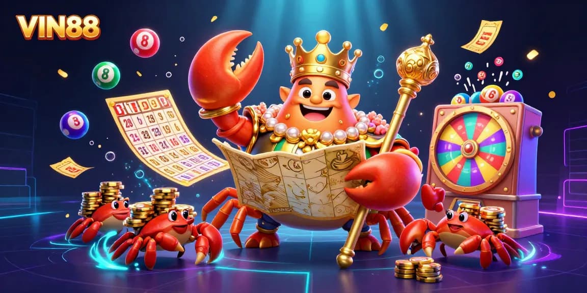 Win big with VIN88's vibrant online games, featuring colorful lottery elements and a majestic crab emperor.