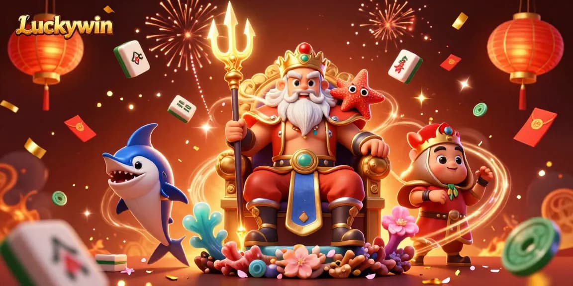 Luckywin showcases a vibrant scene with Neptune and casino-themed elements, celebrating gaming excitement.