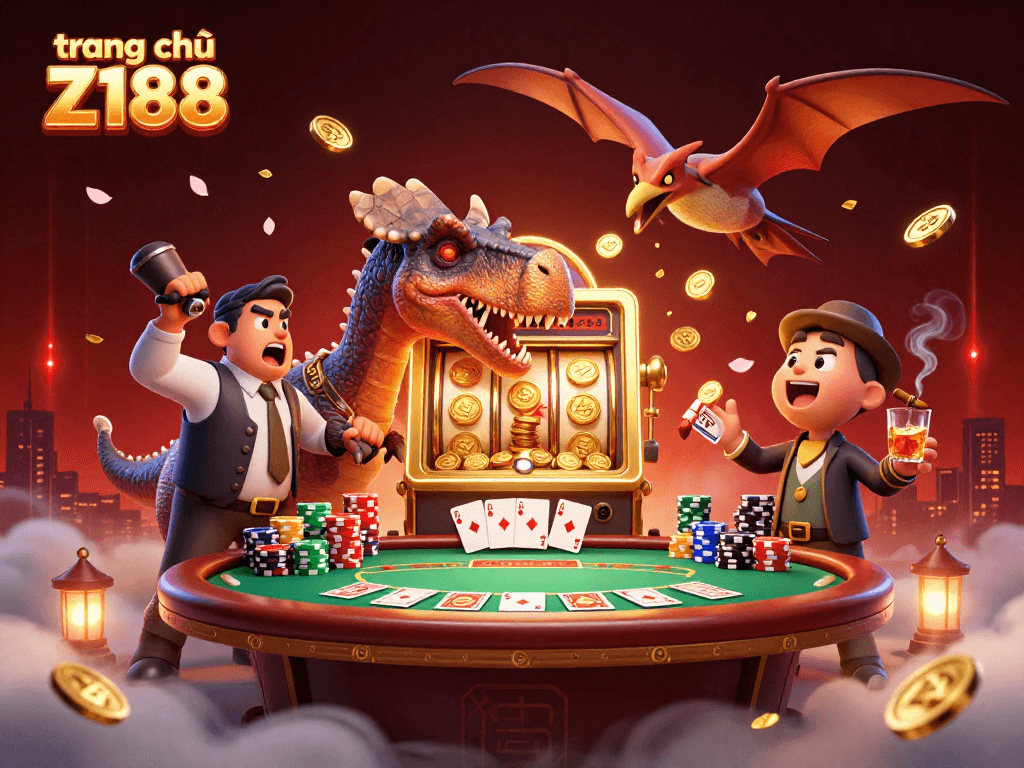 Experience the excitement of trang chủ Z188 with a dinosaur jackpot scene full of action and casino elements.