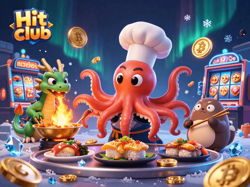 Engage in thrilling gambling action at Hit club with vibrant 3D illustrations featuring a sushi chef octopus and friends.