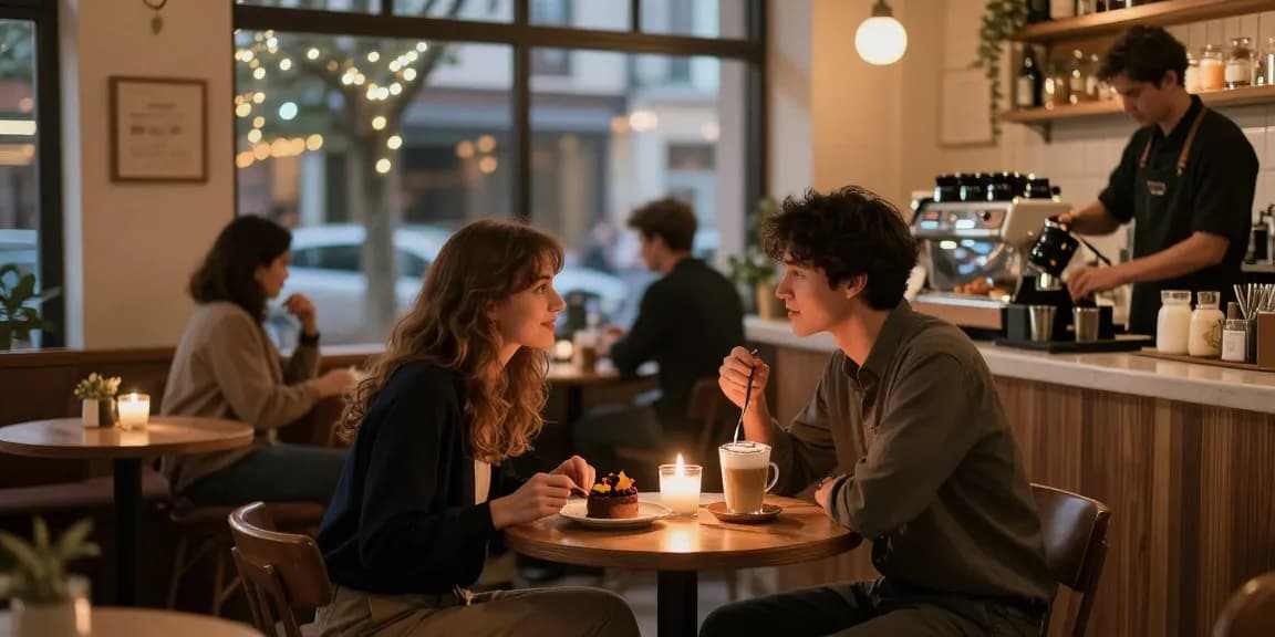 F168 dating scene with a couple sharing dessert in a cozy cafe, capturing romance and connection.