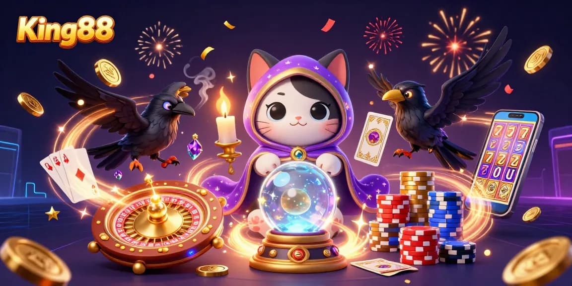 Experience the magic of King88 with a fortune teller cat and mystical gaming elements.