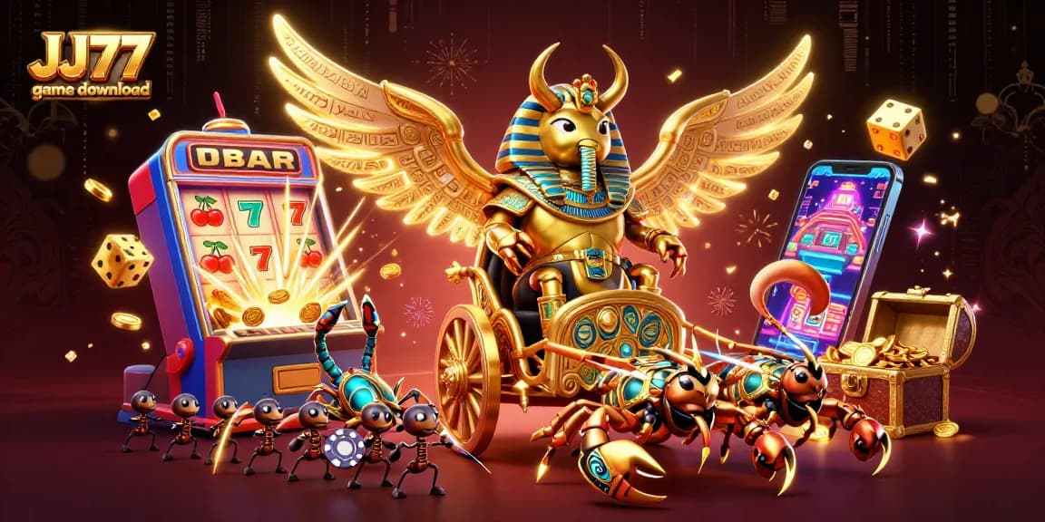Win exciting rewards with JJ77 game download, featuring vivid casino elements and vibrant characters.