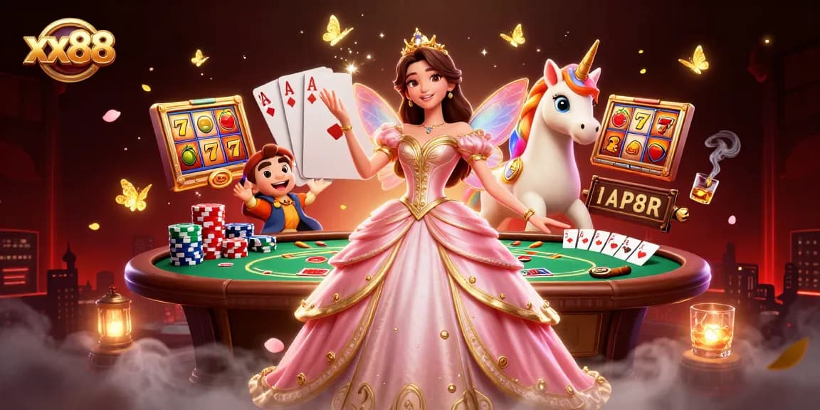 Experience the thrill of xx88 with a glamorous Asian dealer surrounded by vibrant slot elements.