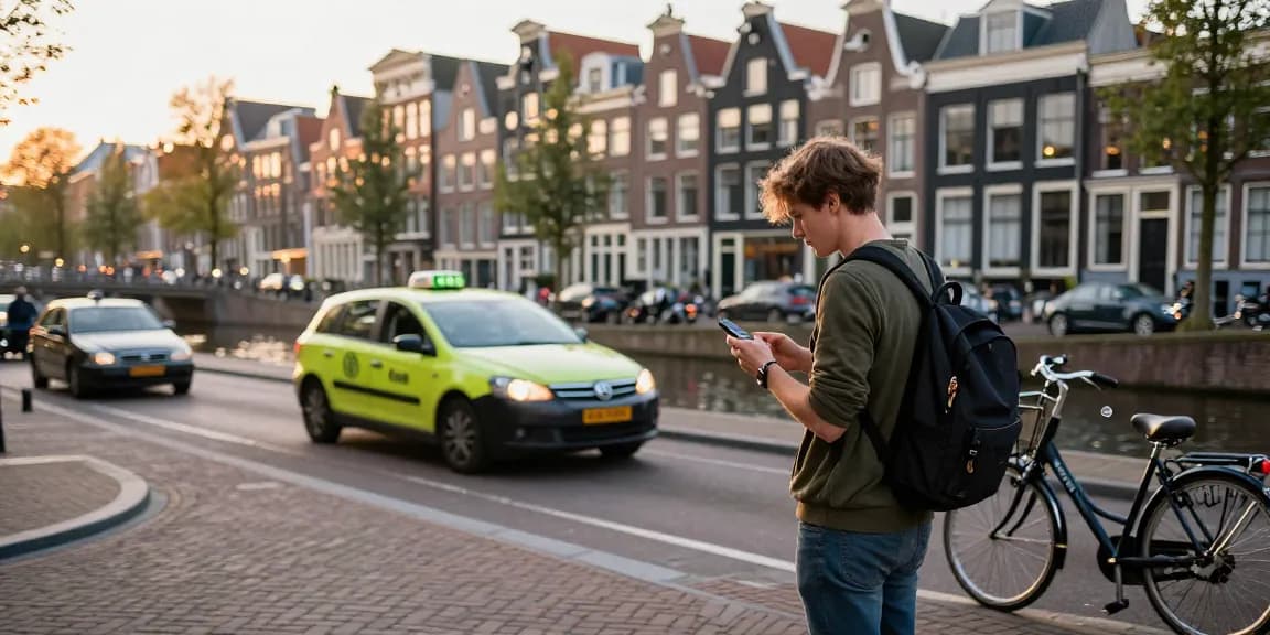 Reiziger wacht op een taxi in Amsterdam, die de betrouwbare service van taxi centrale amsterdam toont te midden van historische scenery.