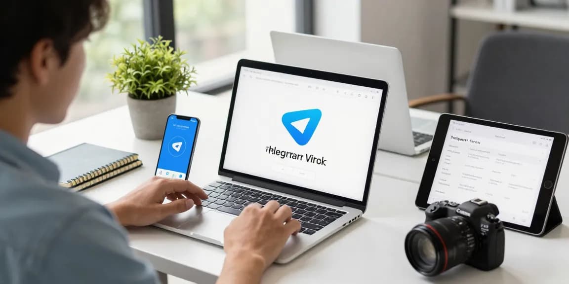 A user navigating the Telegram Chinese Version app on their laptop in a modern tech workspace, showcasing the easy setup and language integration.