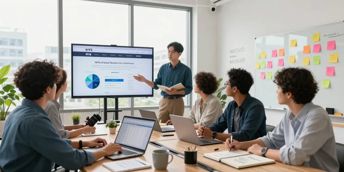 Team collaboration showcasing WPS Official Website benefits in a modern office environment with dynamic interactions.