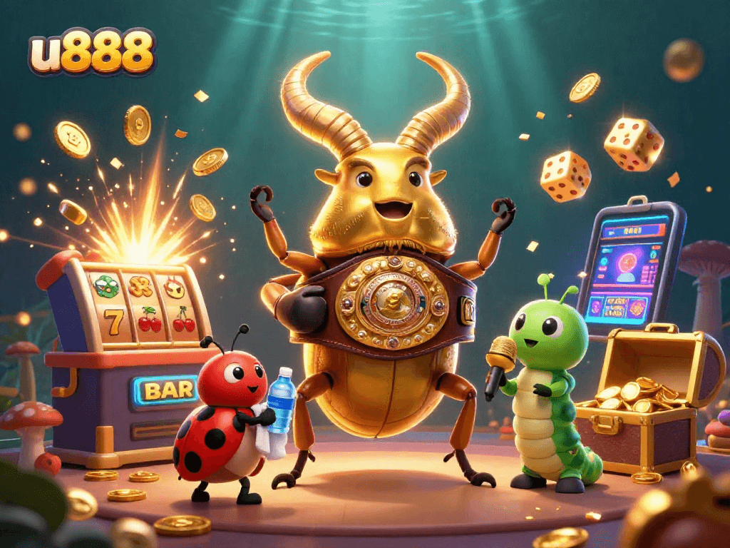 Experience thrilling betting action at u888 with a dynamic scene of a boxing stag beetle in the casino spotlight.
