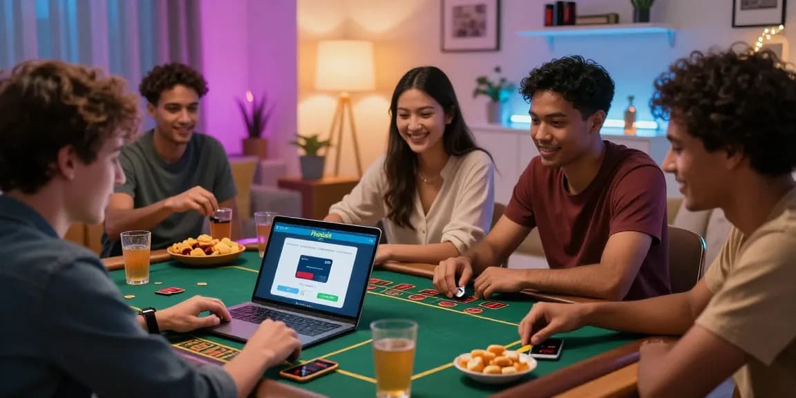 Aufregende Szenerie von Freunden, die eine Paysafe Card Casino-Nacht mit Live-Dealer-Spielen, lebendiger Atmosphäre und anregender gesellschaftlicher Interaktion genießen.