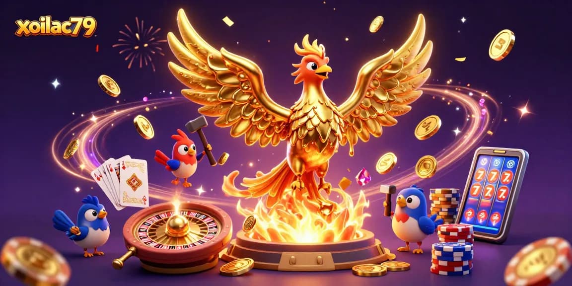 Experience thrilling wins with xoilac79's dynamic gambling scene featuring golden phoenix and casino elements.