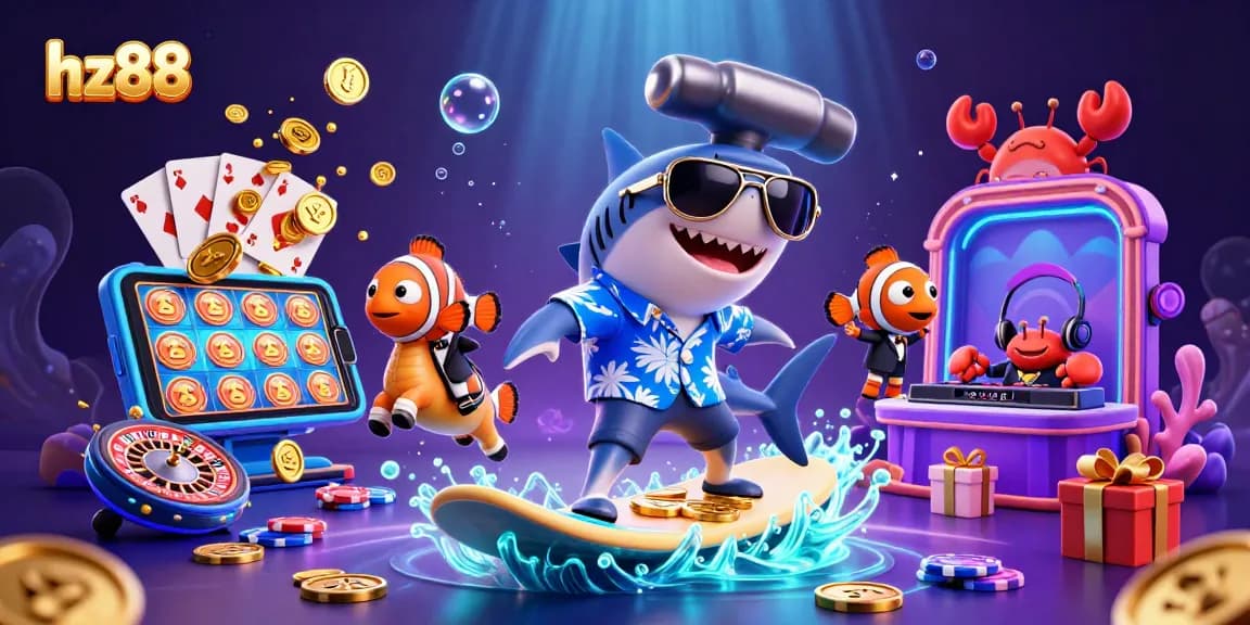 Engage with diverse games at hz88, featuring a shark and clownfish in a colorful 3D casino scene.
