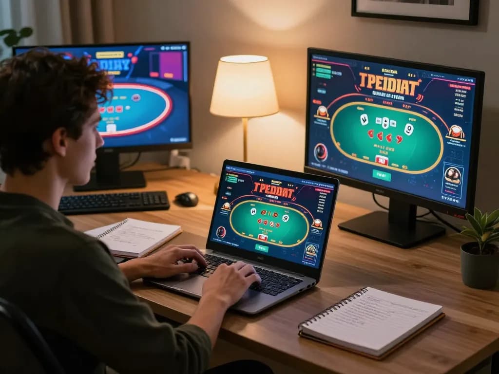 lu88 player strategizing online poker game with a vibrant setup at home