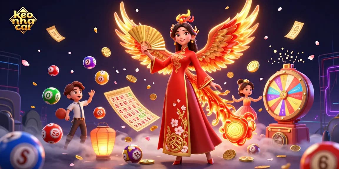 Experience excitement with keo nha cai as colorful lottery balls and vibrant prizes fly around a stunning scene.