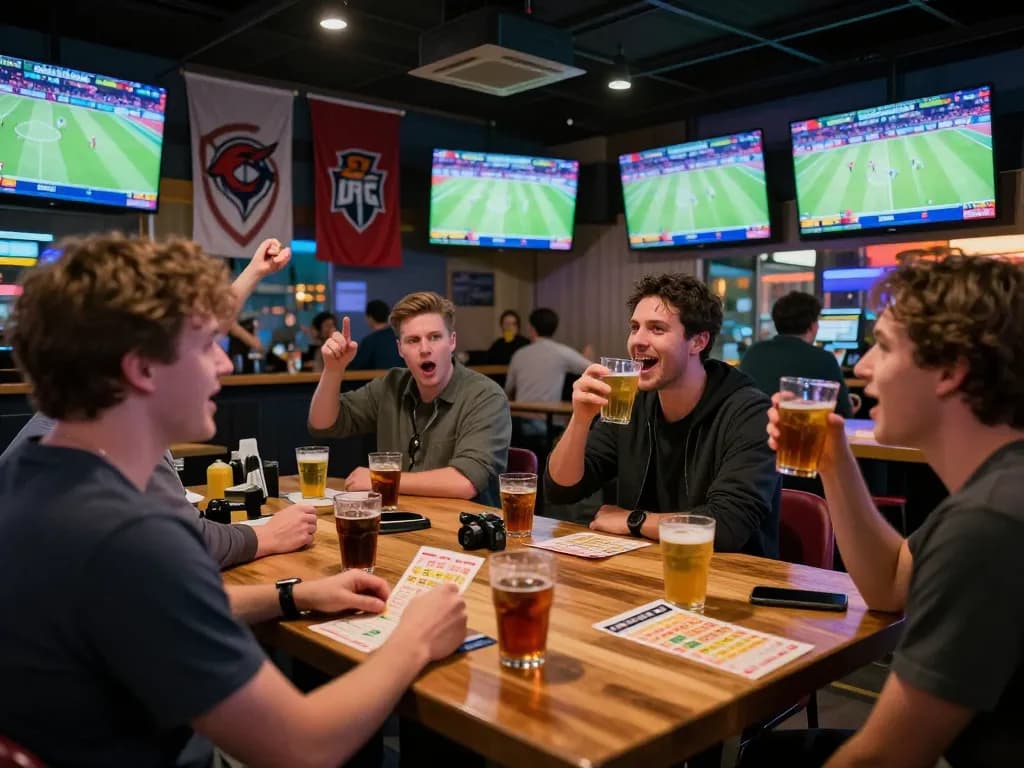 Sports betting excitement at Nhà cái Say88 with patrons cheering while placing bets on games.