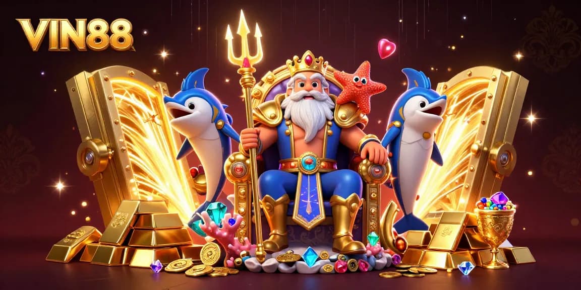 VIN88 engaging players with a vibrant treasure-filled casino scene featuring Neptune and his guardians