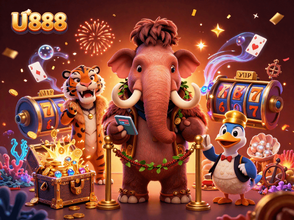 Experience the vibrant U 888 casino scene featuring an interactive gang of characters and jackpots.