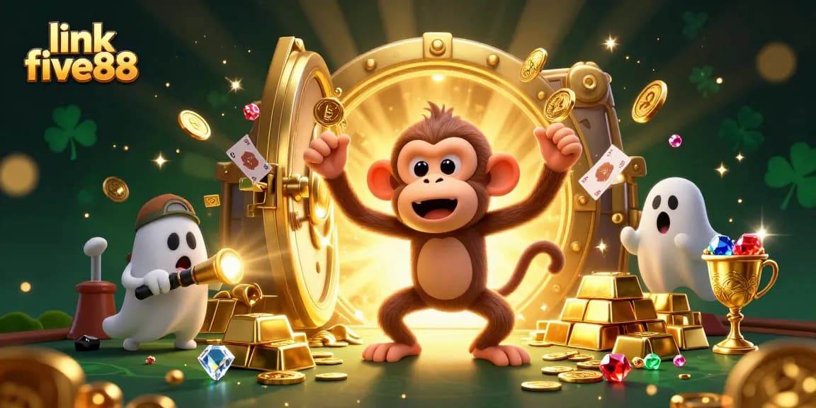 Experience the excitement with link five88, as a playful poltergeist monkey juggles golden treasures in a lively casino.