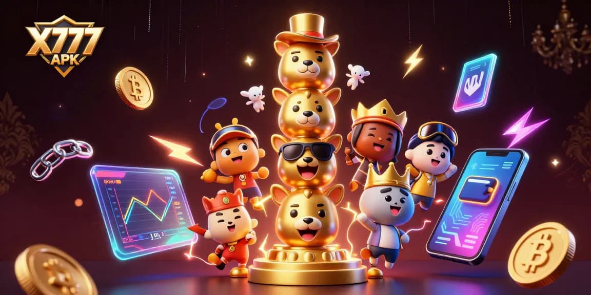Experience exciting wins with X777 APK featuring vibrant casino elements and crypto themes in a dynamic scene.