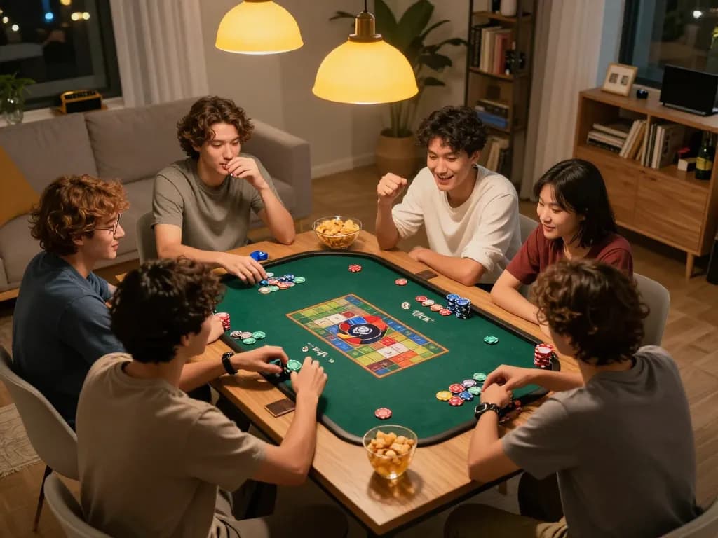 Players engaging in Tài Xỉu online, showcasing vibrant chips and dice during a friendly home gaming night.