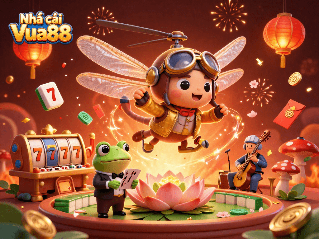Nhà cái Vua88 brings vibrant luck and excitement with a dragonfly pilot, frog croupier, and jazz cricket musicians.