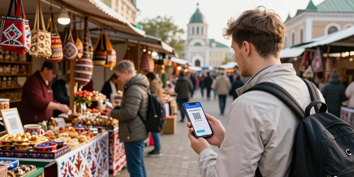 Een toerist gebruikt de PayInRussia-app om een betaling te doen op de markt in Rusland, omringd door lokale ambachten en voedsel.