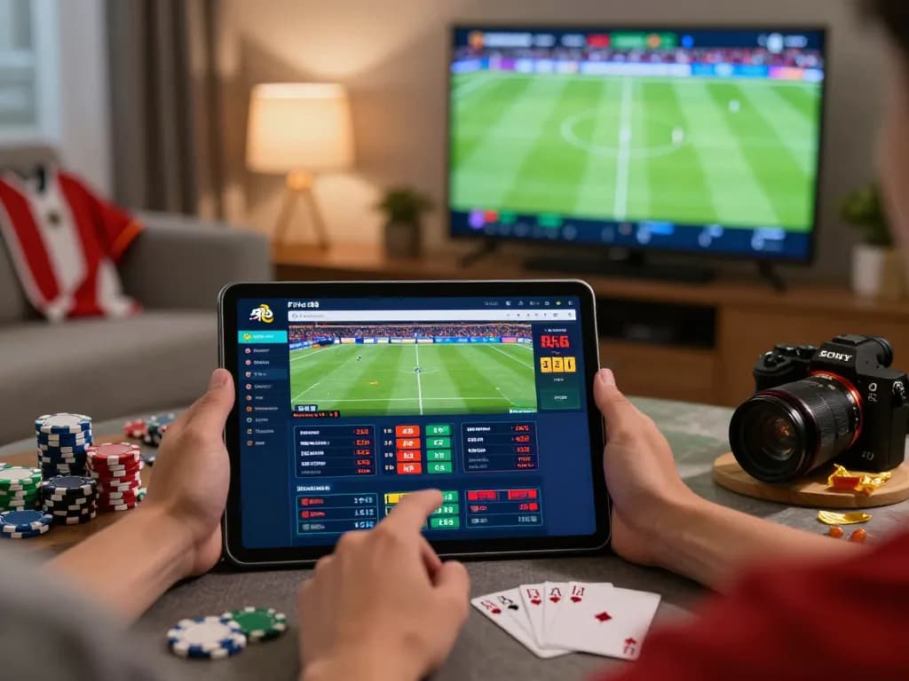 Experience the thrill of Five88 online sports betting with vibrant graphics and a cozy home setting.
