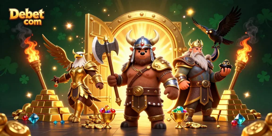 Experience gaming excitement at Debet com with dynamic Viking characters, gold treasures, and engaging visual effects.