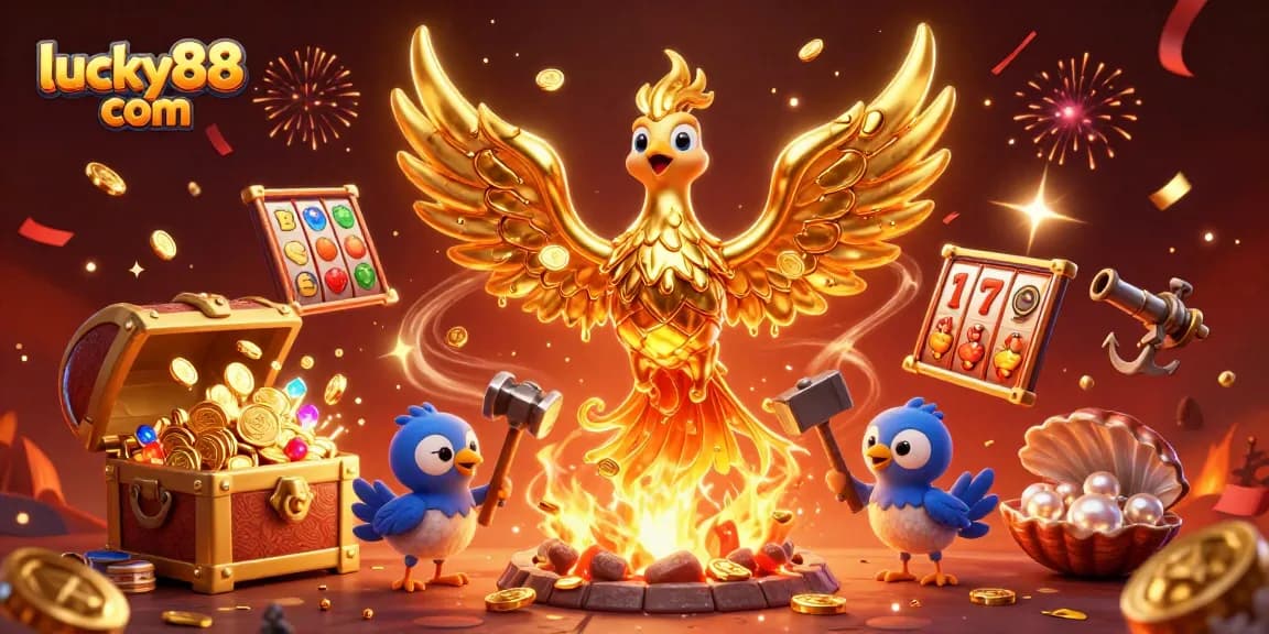 Experience thrilling wins at lucky88 com with a golden phoenix and vibrant casino elements celebrating jackpots.