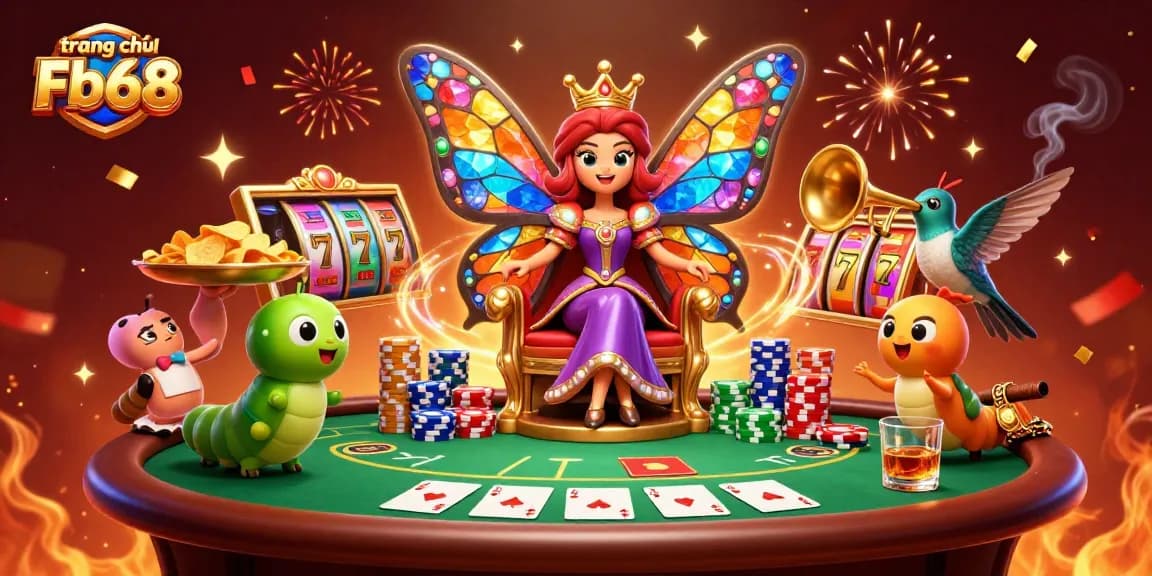 Experience the vibrant ambiance with trang chủ Fb68 at a joyful poker scene featuring a butterfly queen.