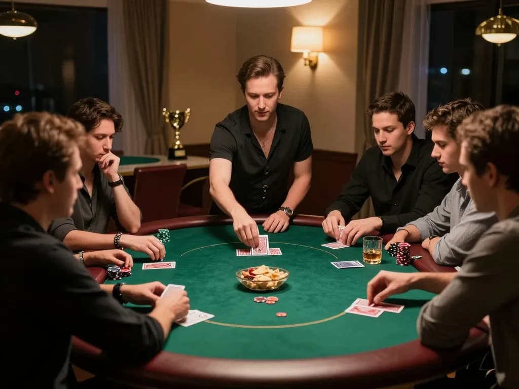 Players engaged in a high-stakes poker game at a private room, showcasing F8bét strategies for winning hands.