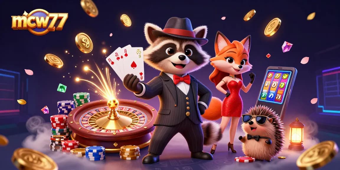 Enjoy exciting gaming at mcw77 with vibrant characters and dynamic casino elements surrounding them.