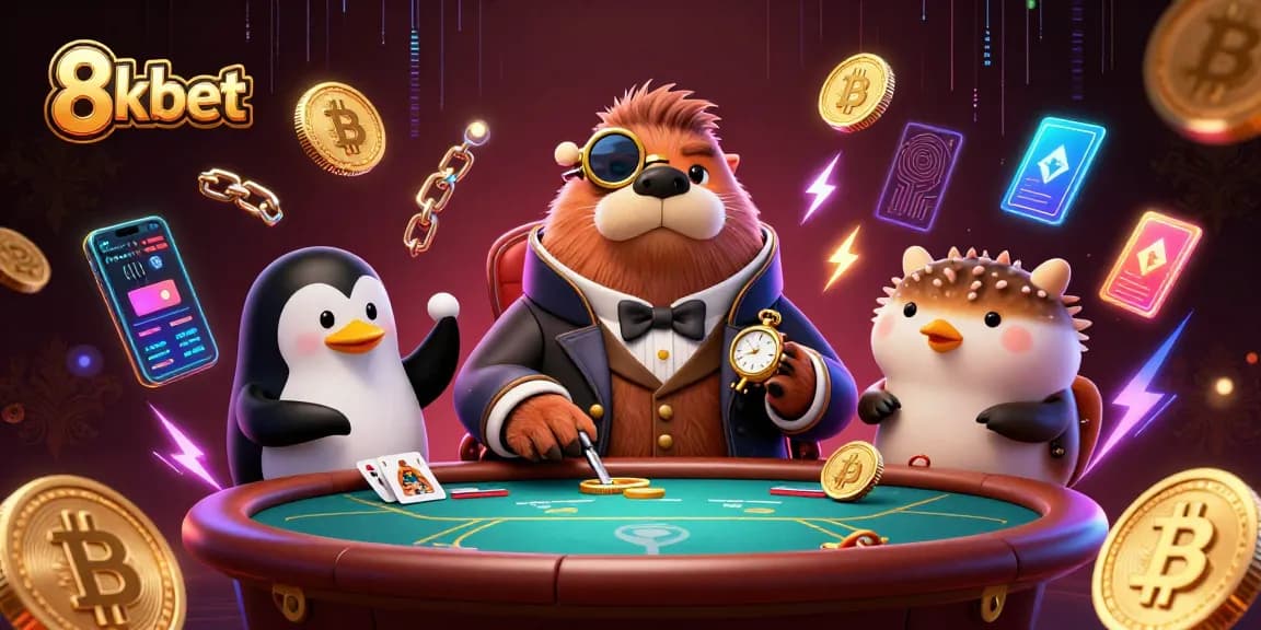 Play poker at 8kbet with a jolly walrus and sophisticated characters in a vibrant underwater scene.