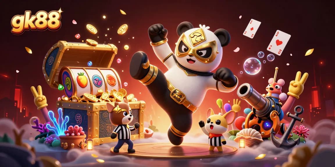 Experience thrilling action on gk88 with a panda wrestler kicking into the vibrant casino scene!