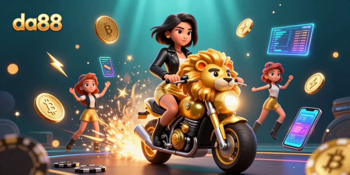 Experience thrilling action at da88, featuring a glamorous Asian woman riding a golden lion while attracting Bitcoin and Ethereum coins.