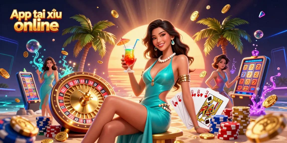 Play exciting App tài xỉu online while enjoying a vibrant casino atmosphere filled with sparkling gems and golden coins.